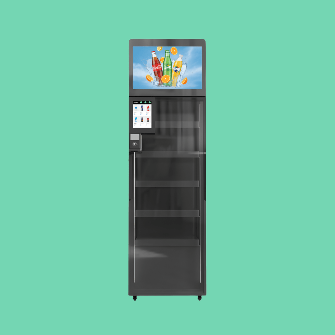 ReyVend AI Smart Cooler vending machine with digital display and touchscreen payment system on mint green background