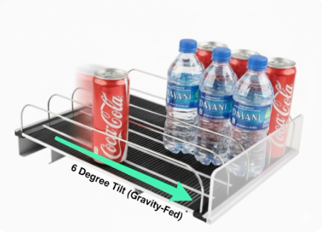 Gravity-fed shelf system with angled rails inside AI smart coolers for smooth product dispensing and visibility