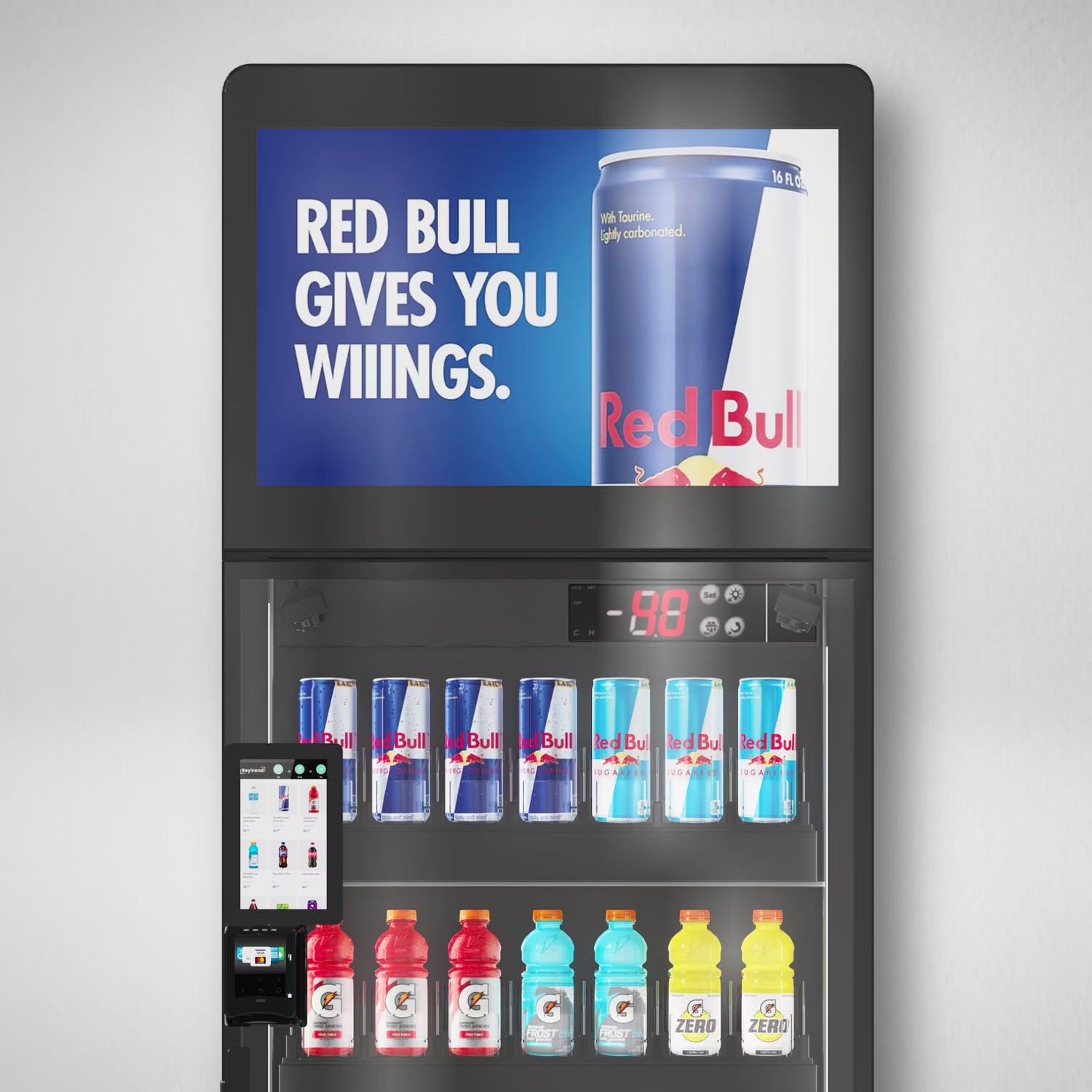 ReyVend AI smart cooler with Nayax cashless payment reader and stocked glass door beverage display