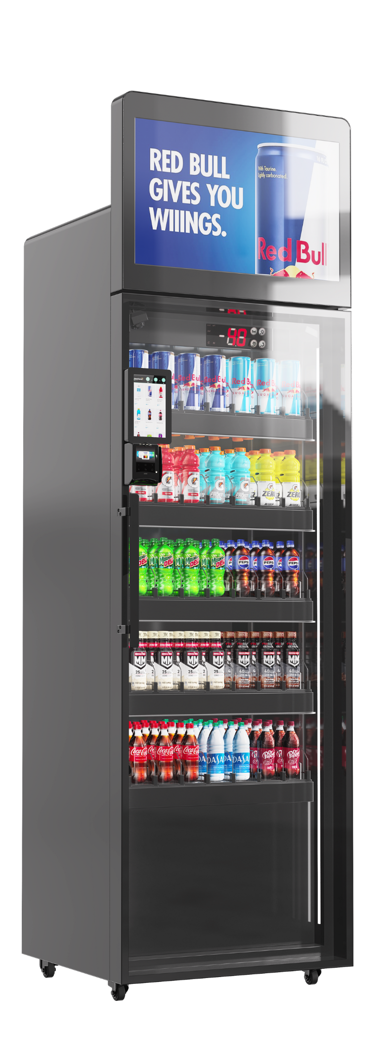 AI Smart Cooler vending machine with glass door, digital display, and cashless payment system.