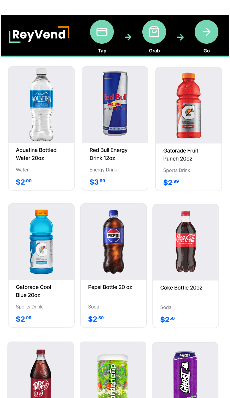 Touchscreen product selection on AI smart coolers showing drinks, prices, and tap-grab-go checkout experience