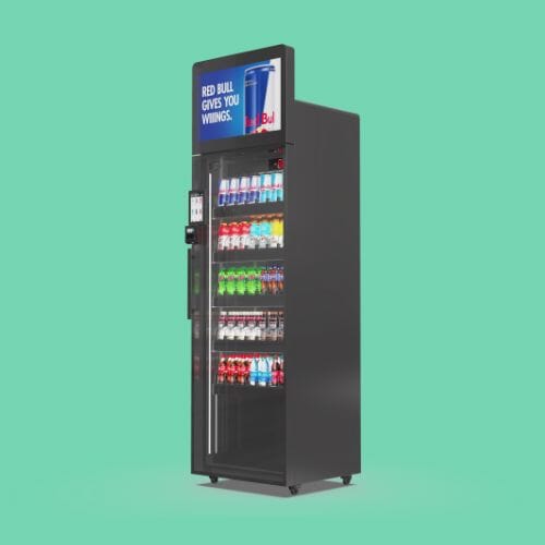 Front-facing ReyVend vending cooler, AI-powered and stocked with ready-to-sell items.