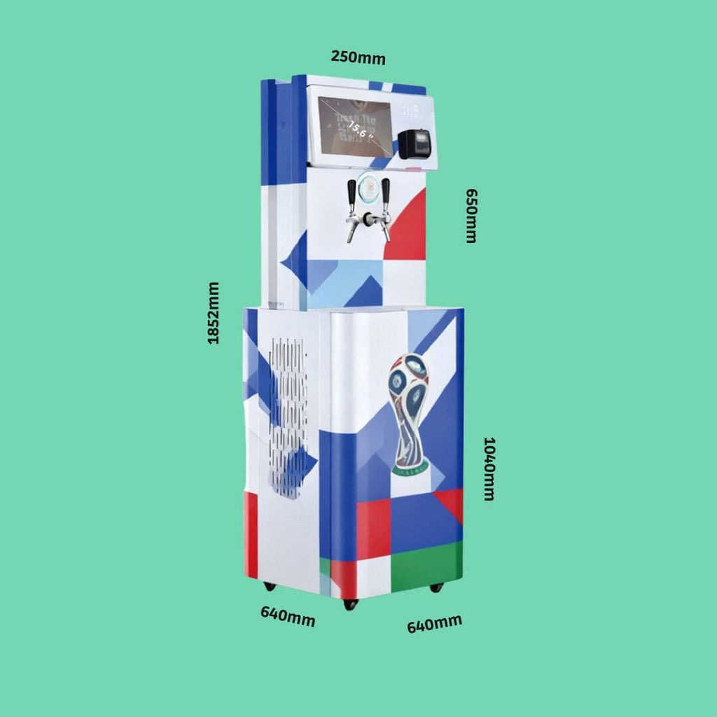 AutoKeg Mini beer dispenser with dimension labels showing compact size and dual tap configuration.