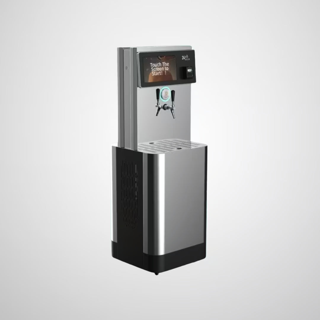 AutoKeg Mini self-pour beer dispenser with touchscreen and dual taps for card-ready beer pouring.