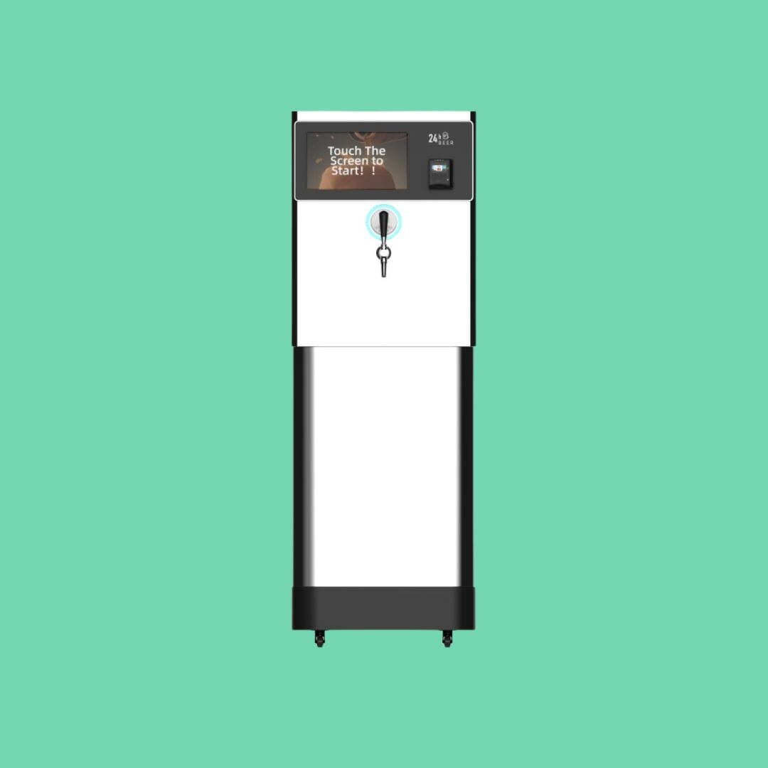 Front view of AutoKeg Mini card-ready beer tap machine with one pour spout and digital control screen.