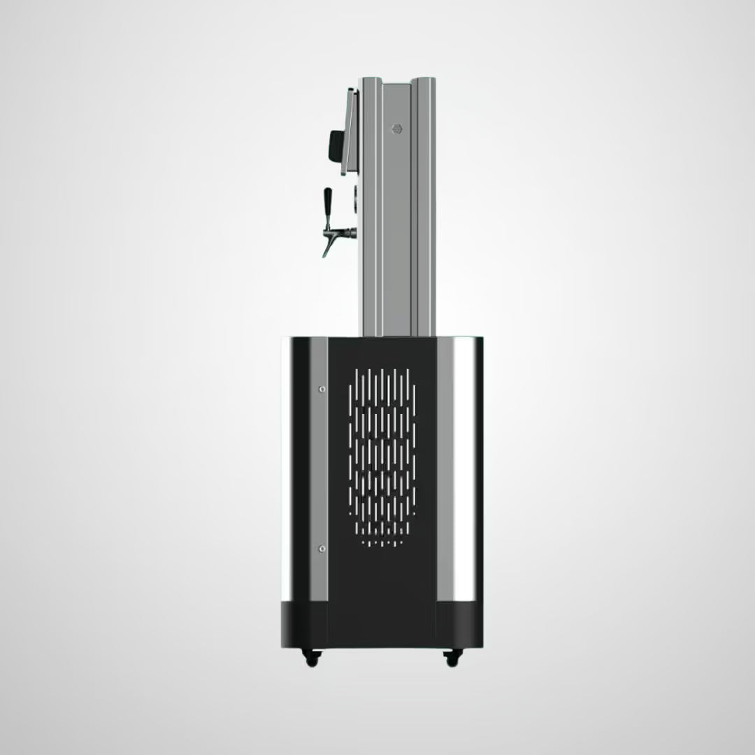 Right-side angle of AutoKeg Mini beer dispenser featuring built-in touchscreen and card payment system.