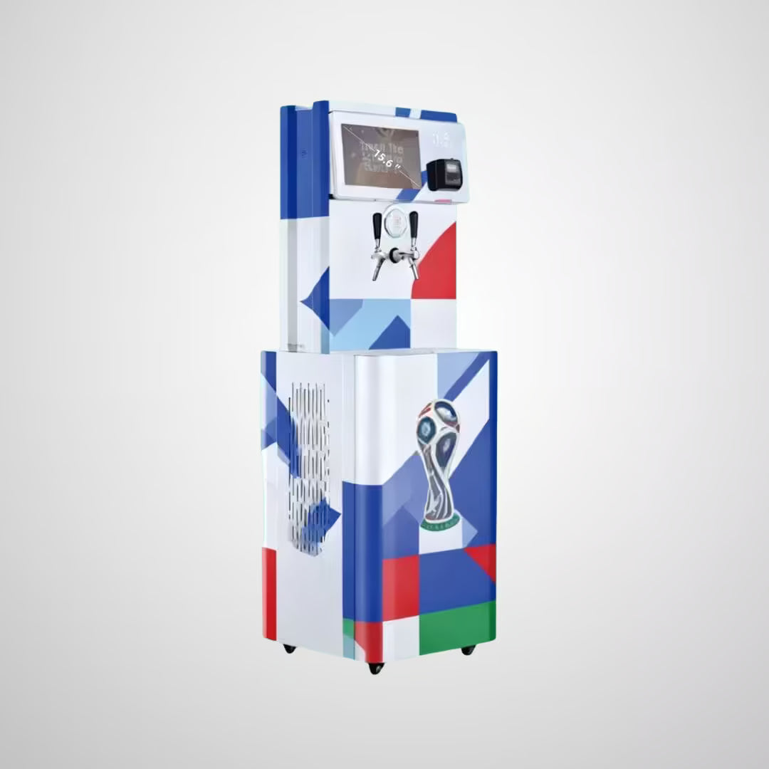 AutoKeg Mini self-serve beer dispenser showing size dimensions and credit card compatibility.