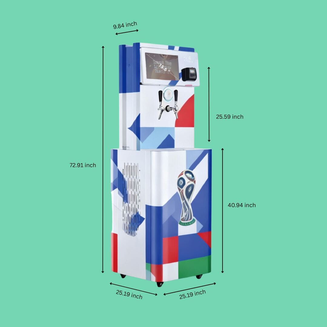 AutoKeg Mini self-serve beer dispenser showing size dimensions and credit card compatibility.