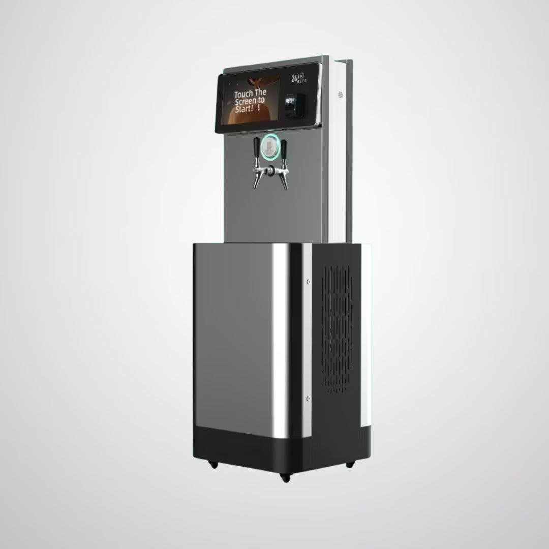 Side view of AutoKeg Mini single-keg beer dispenser showing cooling vents and stainless steel body.