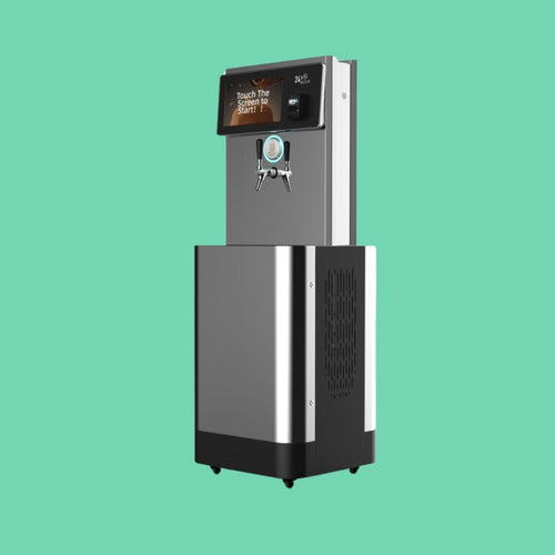 Side view of AutoKeg Mini single-keg beer dispenser showing cooling vents and stainless steel body.