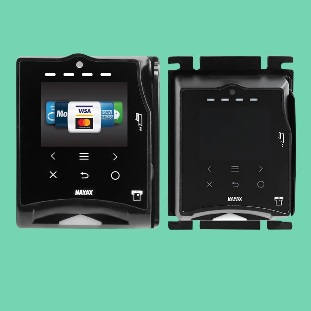NAYAX VPOS Touch card reader with pre-authorization shown powered on and off.
