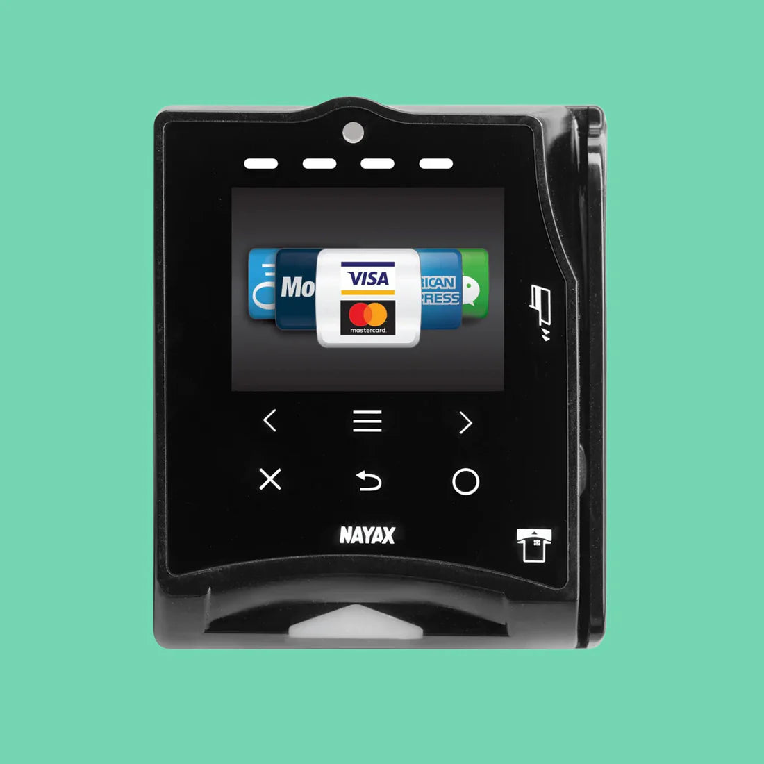 Nayax VPOS Touch credit card reader for VapeTM vending machines, supporting Visa, Mastercard, and contactless payments.