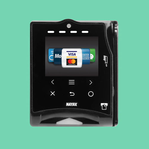 Nayax VPOS Touch credit card reader for VapeTM vending machines, supporting Visa, Mastercard, and contactless payments.