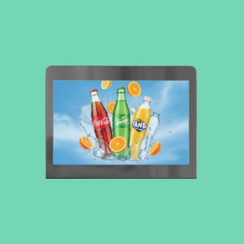 27-inch LCD digital header display used on ReyVend AI Smart Coolers to showcase advertisements and product branding.