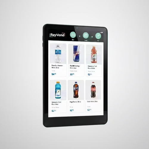 7-inch Android tablet used in ReyVend Smart Coolers to display product images, pricing, and tap-to-open instructions for frictionless vending.