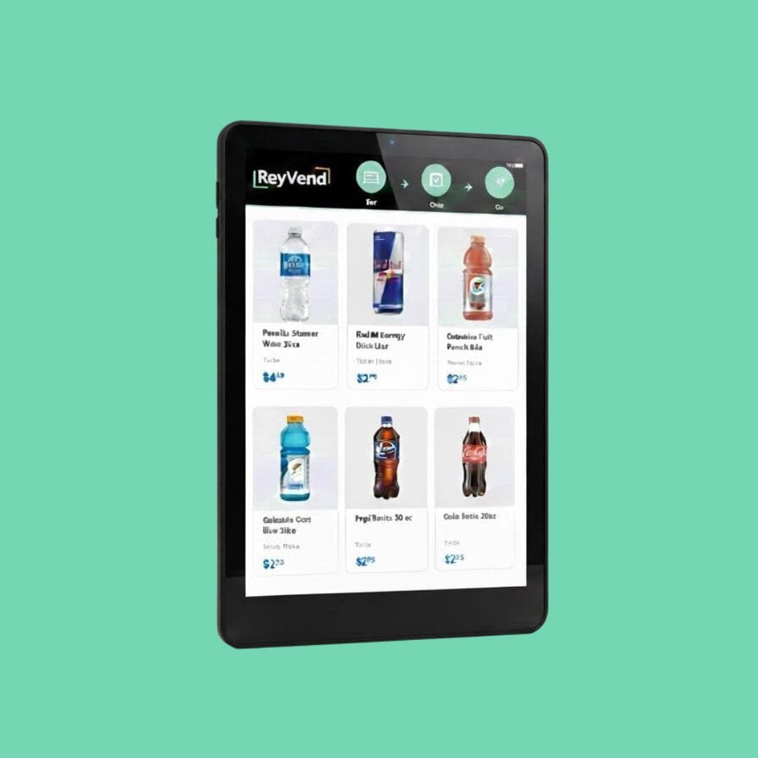 7-inch Android tablet used in ReyVend Smart Coolers to display product images, pricing, and tap-to-open instructions for frictionless vending.