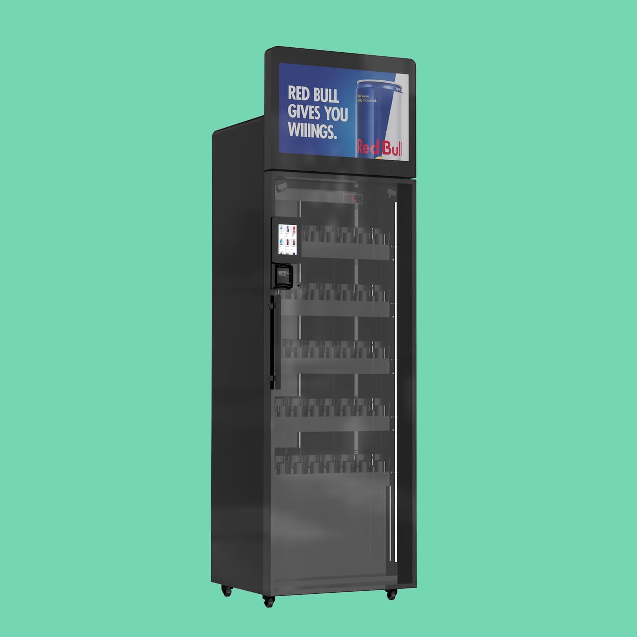 Angled front-left view of the ReyVend AI Smart Cooler 1.0 showing glass door, digital ad display, and integrated touchscreen payment.
