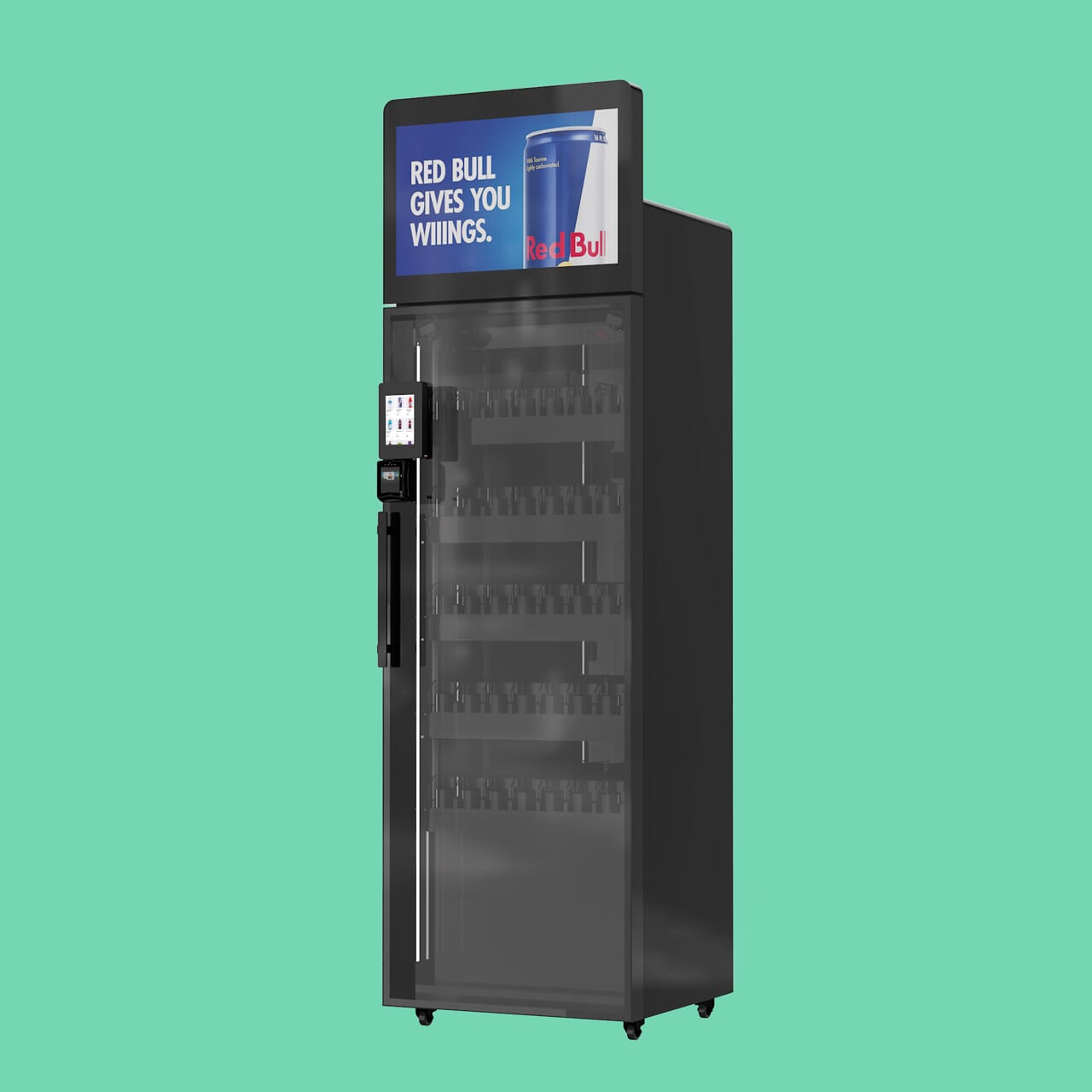Angled front-right view of ReyVend Smart Cooler 1.0 highlighting the AI-enabled cooler design and frictionless vending setup.