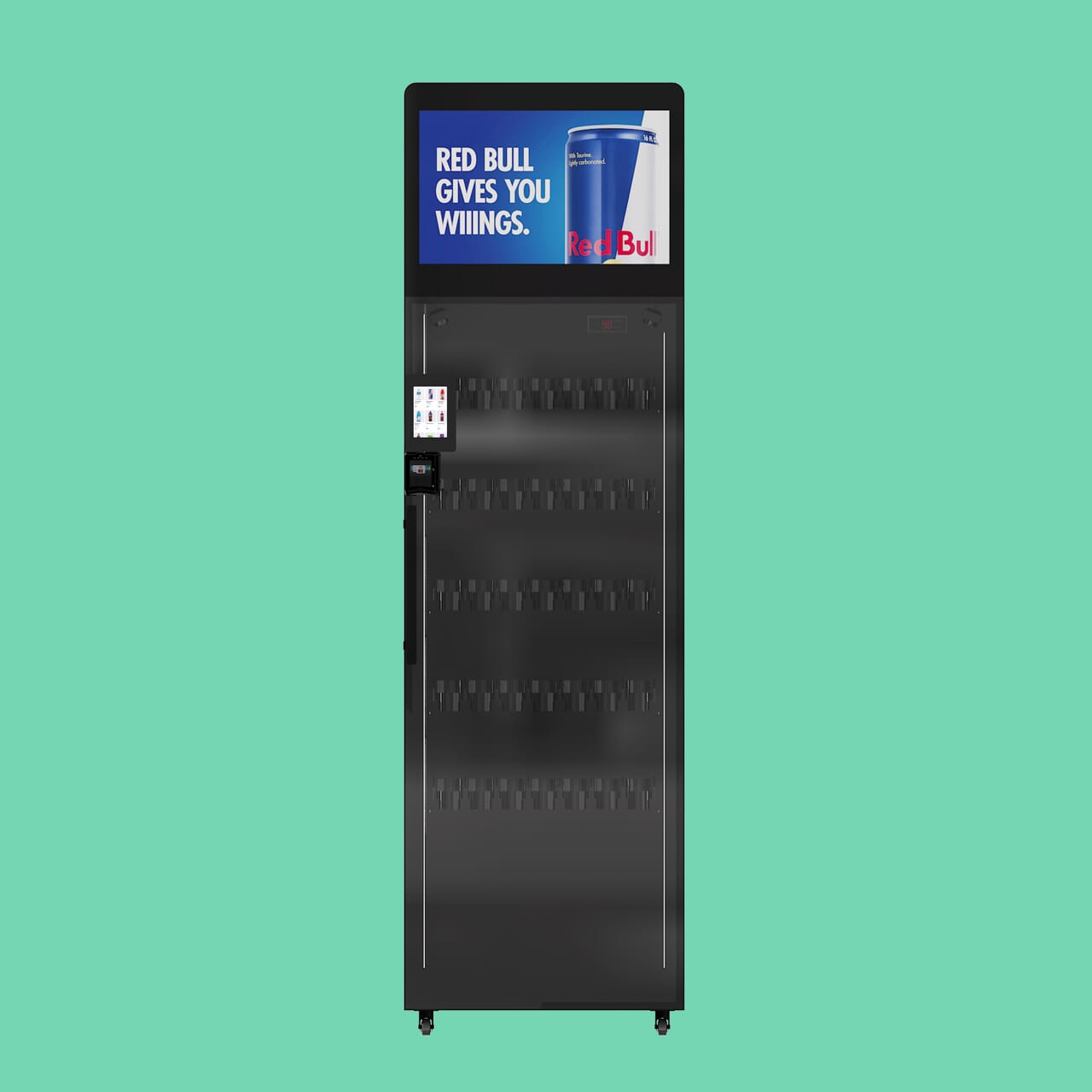 Front view of the ReyVend AI Smart Cooler 1.0 with digital header and Nayax payment terminal, built for tap-grab-and-go vending.