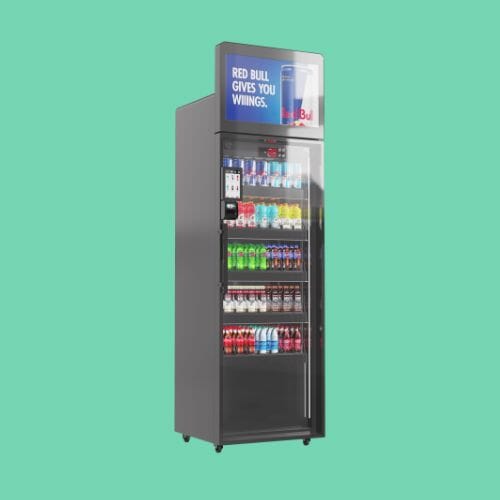 ReyVend Smart Cooler fully loaded with products, AI-enabled and operational in a clean front view.