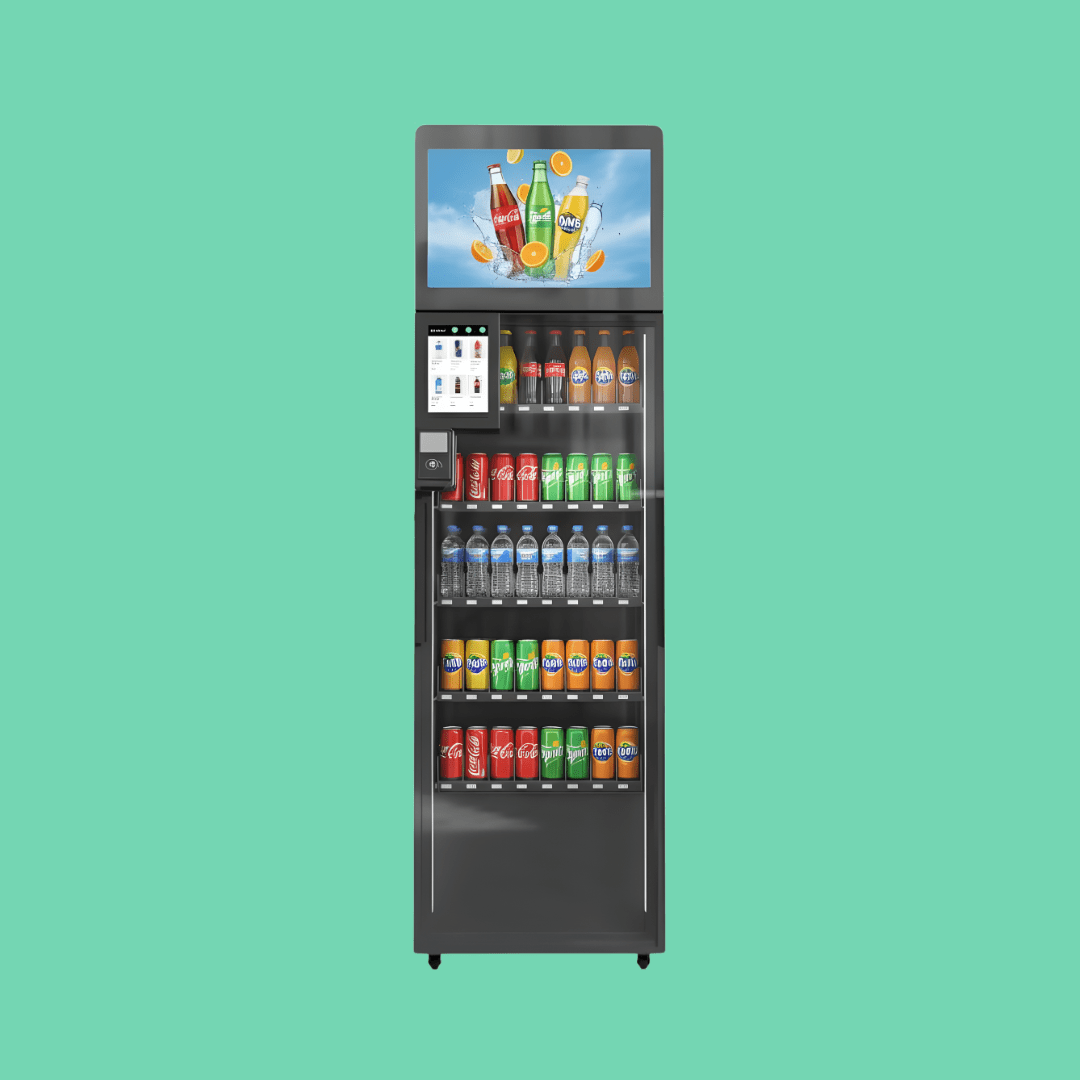ReyVend AI Smart Cooler vending machine with digital display and touchscreen payment system on mint green background stocked with drinks