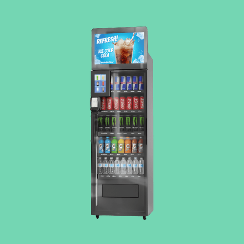 ReyVend AI Smart Cooler vending machine with touchscreen and digital display stocked with popular drinks like Coca-Cola and Red Bull