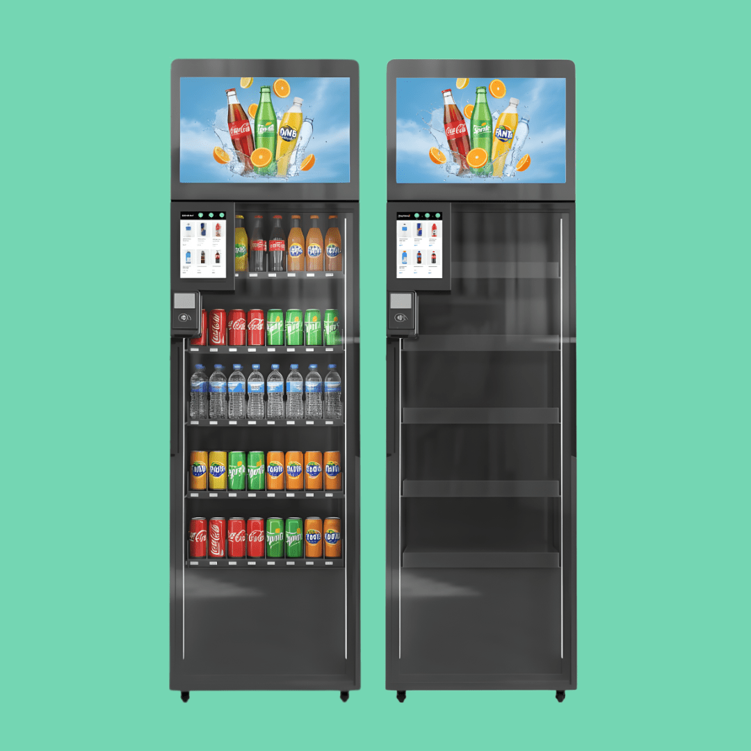 Two ReyVend AI Smart Coolers side by side on mint green background showing stocked and empty versions with touchscreen and digital displays