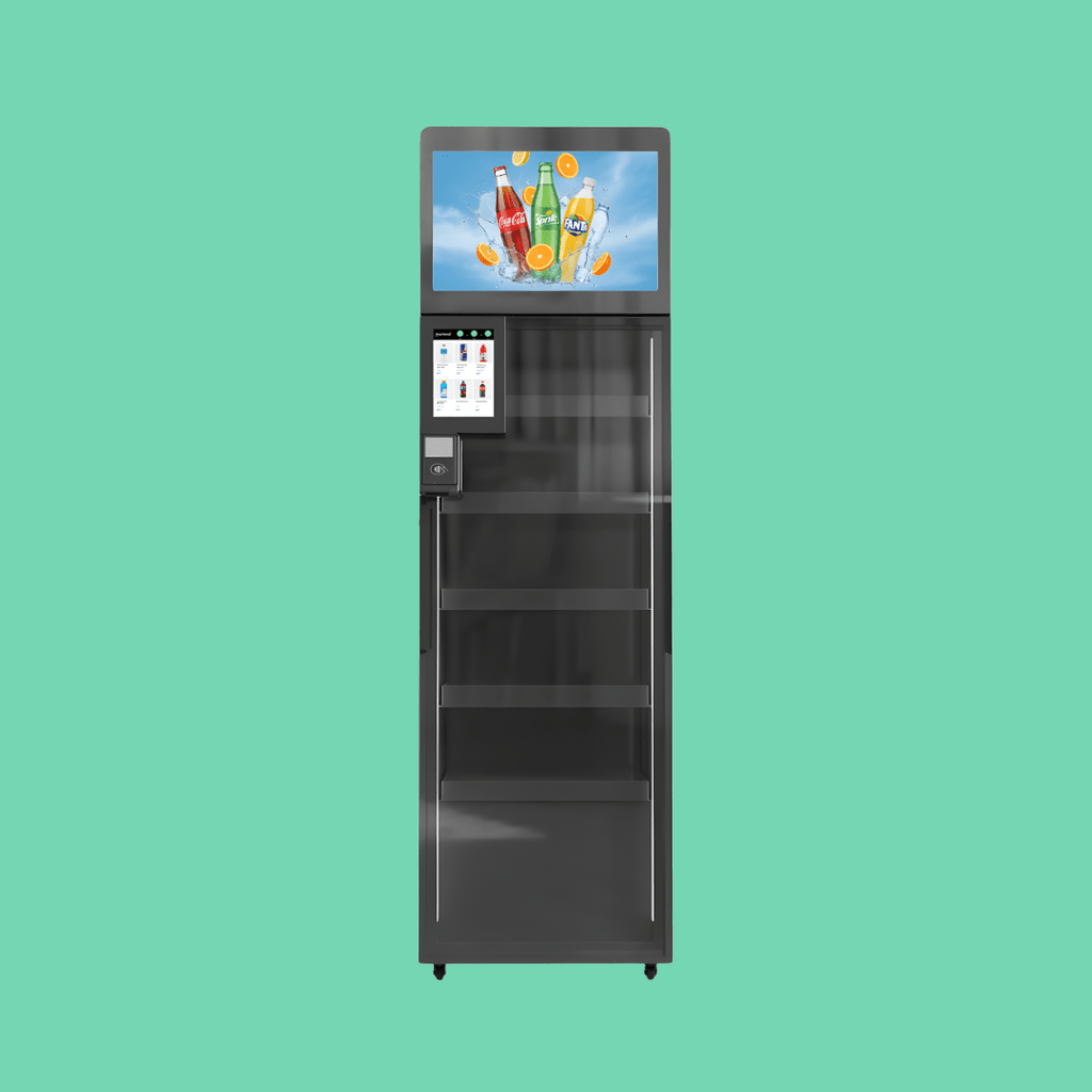 ReyVend AI Smart Cooler vending machine with digital display and touchscreen payment system on mint green background