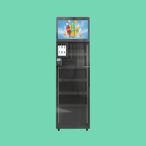 ReyVend AI Smart Cooler vending machine with digital display and touchscreen payment system on mint green background